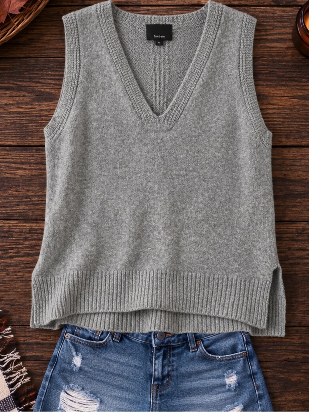 Lumiere Gray V-Neck Sleeveless Knit Sweater Vest